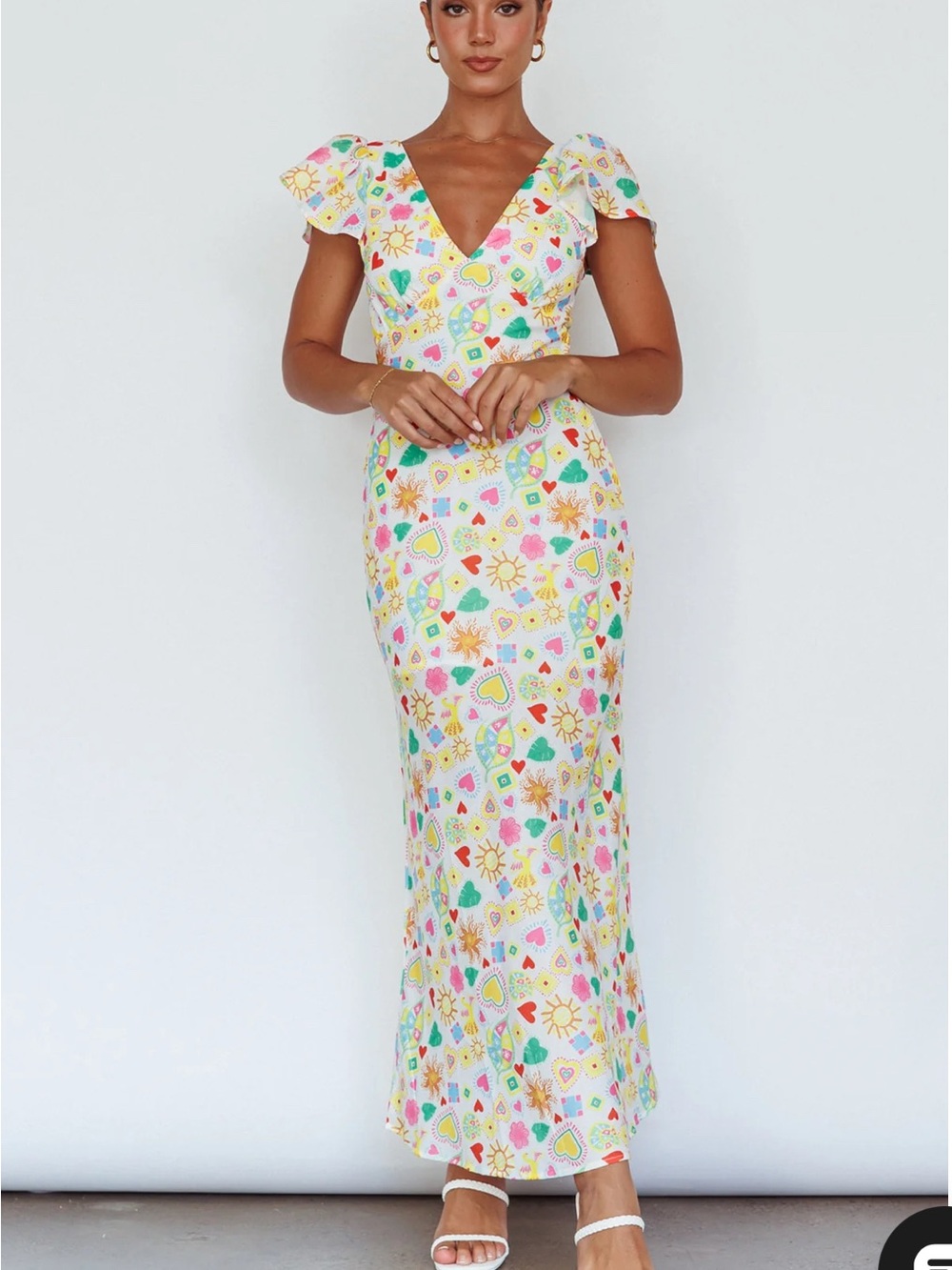 INDI LUXE Size M Long Summer Flutter Sleeve Maxi Dress Printed White NEW